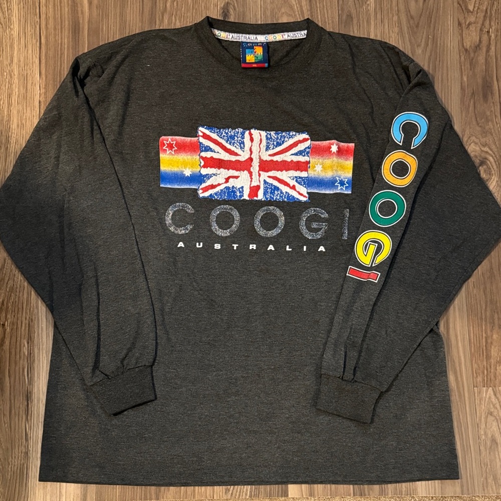 Coogi Vintage Australia Printed Union Jack Dk Gray Crew Neck Long Sleeve Tee XXL